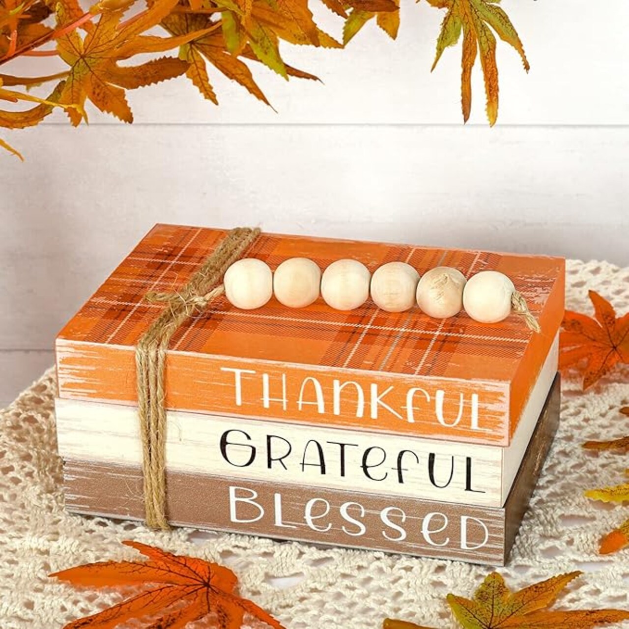 Thanksgiving Wooden Tiered Tray Decor Plaid Faux Decorative Stacked Books Bundle Thankful Grateful Blessed Wooden Block Sign with Beads for Fall Farmhouse Rustic Kitchen Home Table Decoration